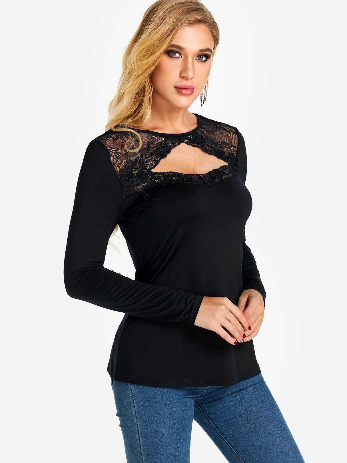 Custom Round Neck Plain Lace Cut Out Long Sleeve T-Shirts