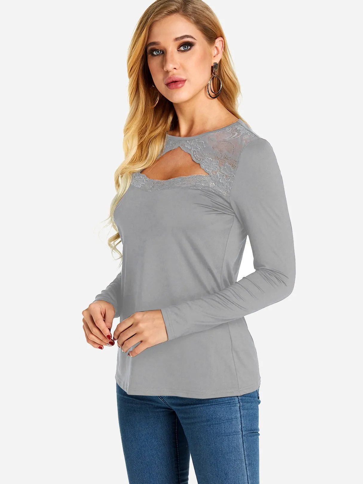 Custom Round Neck Plain Lace Cut Out Long Sleeve T-Shirts