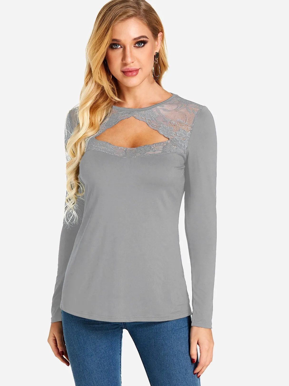 Custom Round Neck Plain Lace Cut Out Long Sleeve T-Shirts