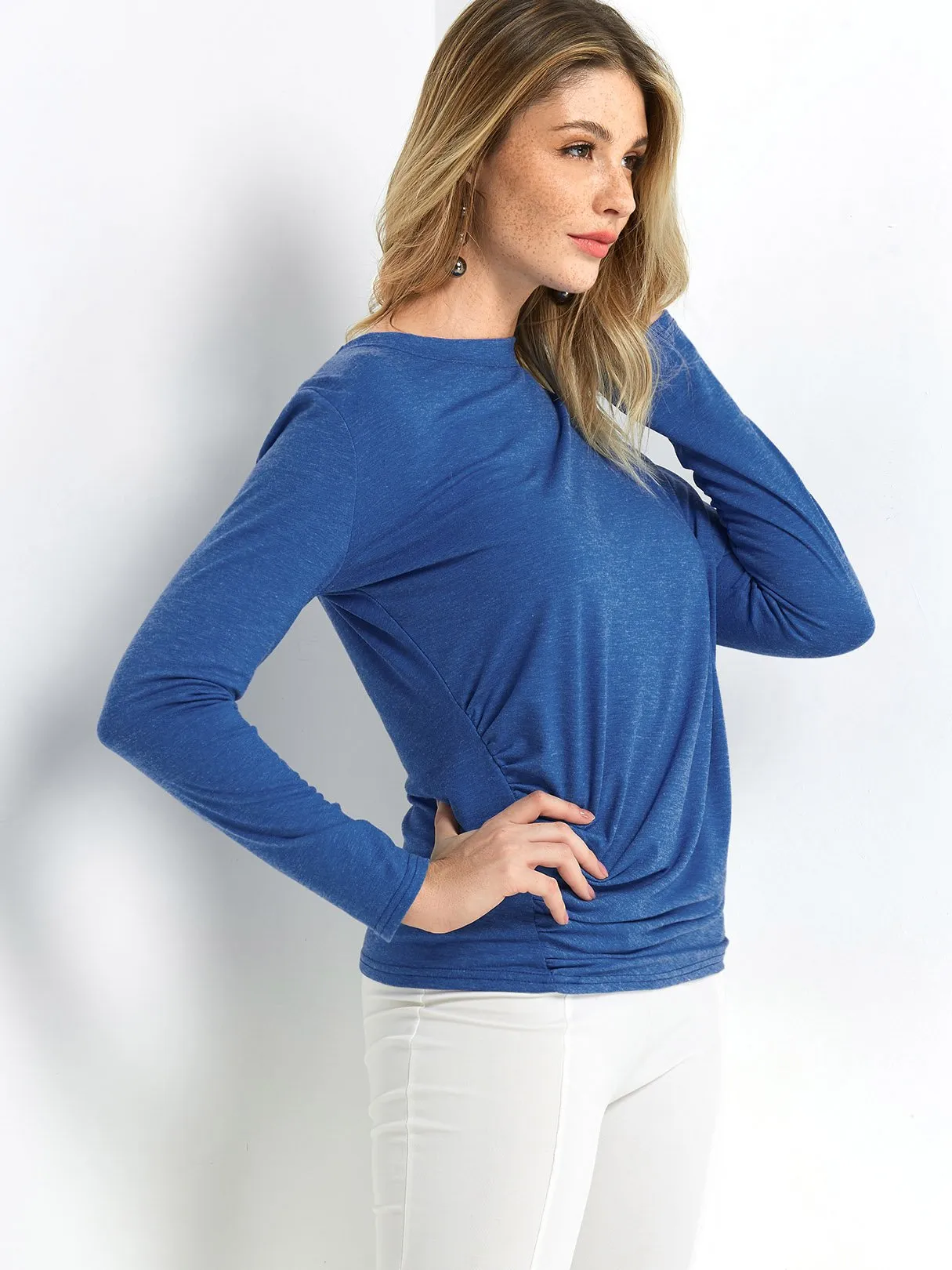 Custom Round Neck Plain Pleated Long Sleeve T-Shirts