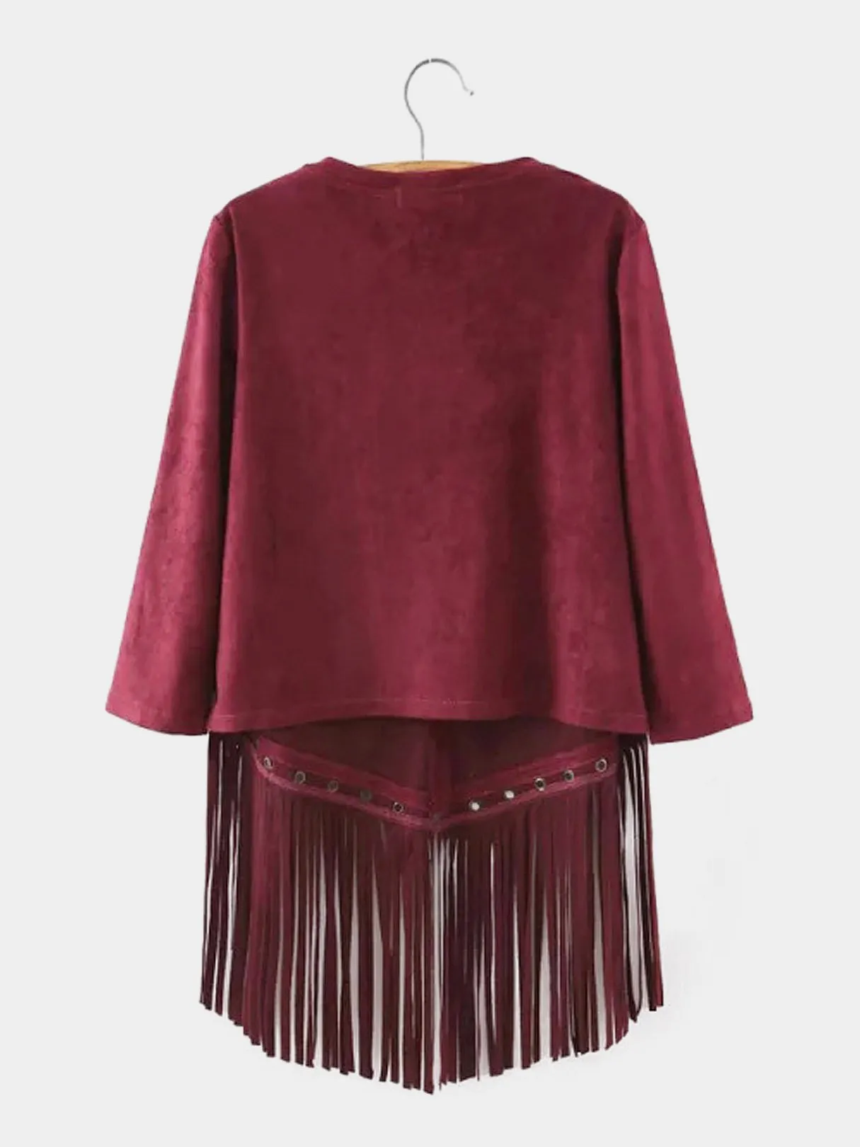 Custom Round Neck Tassel 3/4 Sleeve Tassel Hem Burgundy Top