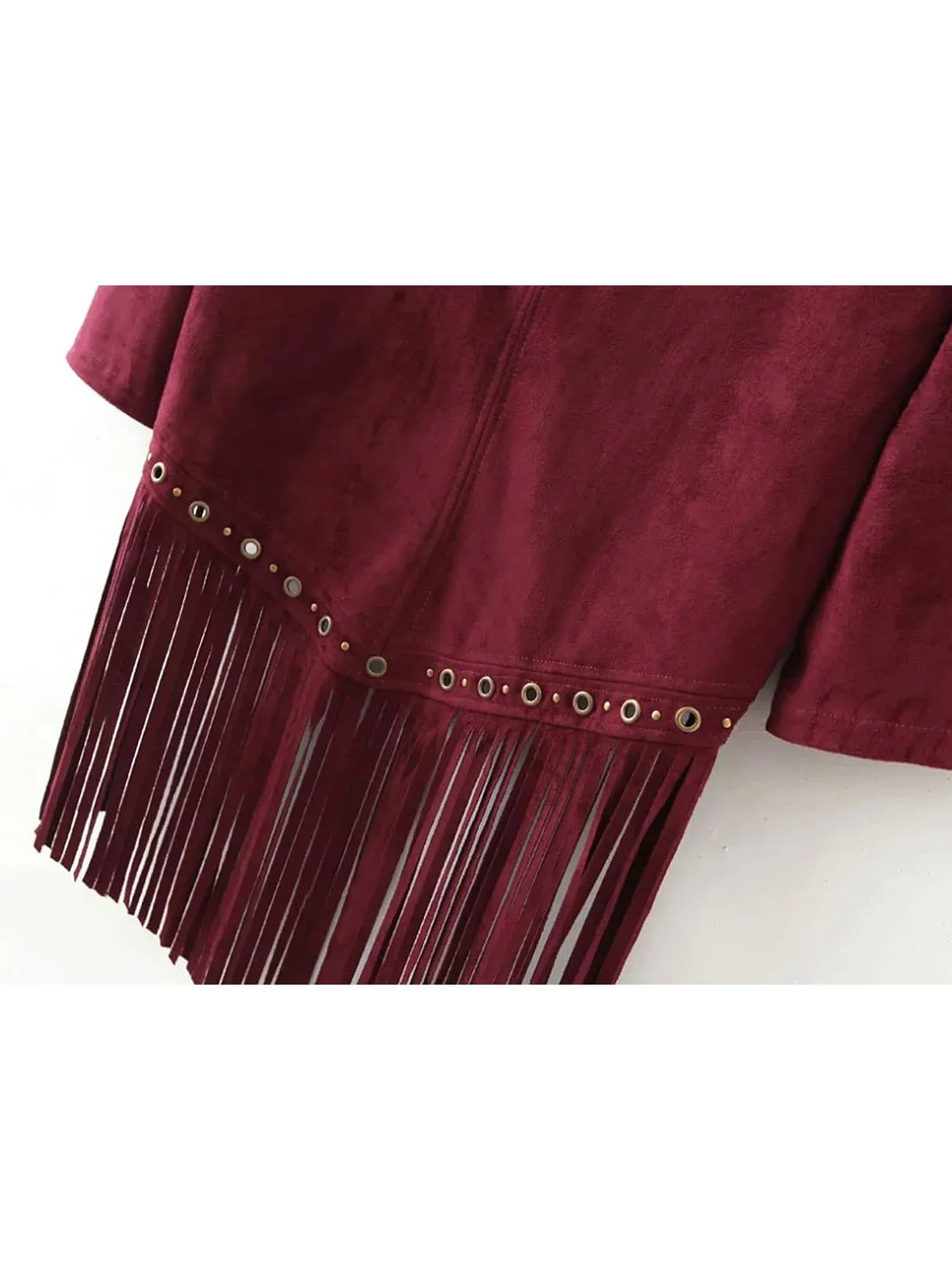 Custom Round Neck Tassel 3/4 Sleeve Tassel Hem Burgundy Top