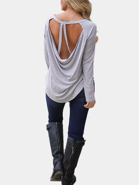Custom Scoop Neck Backless Cut Out Long Sleeve Curved Hem Grey T-Shirts