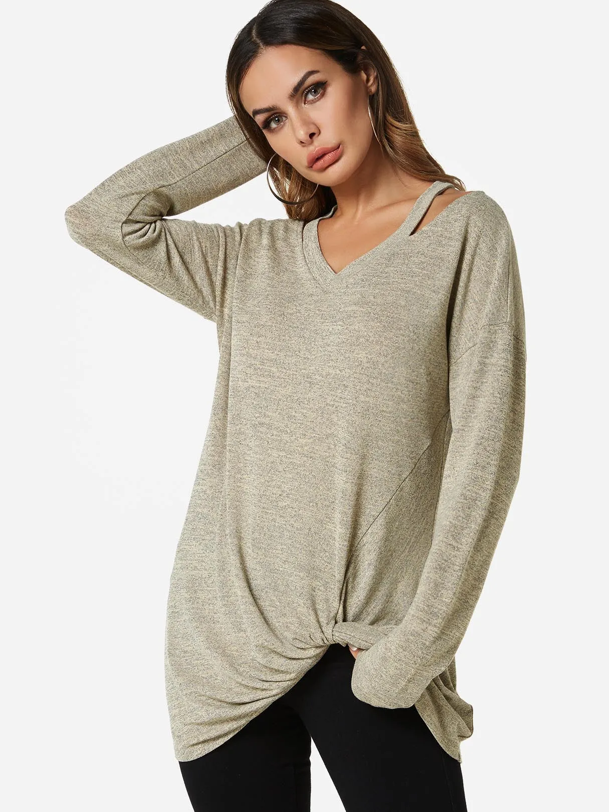 Custom V-Neck Cut Out Long Sleeve Irregular Hem Apricot T-Shirts
