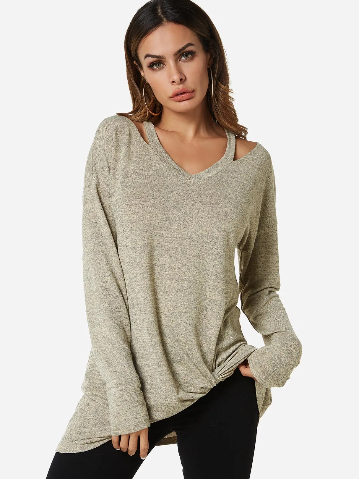 Custom V-Neck Cut Out Long Sleeve Irregular Hem Apricot T-Shirts