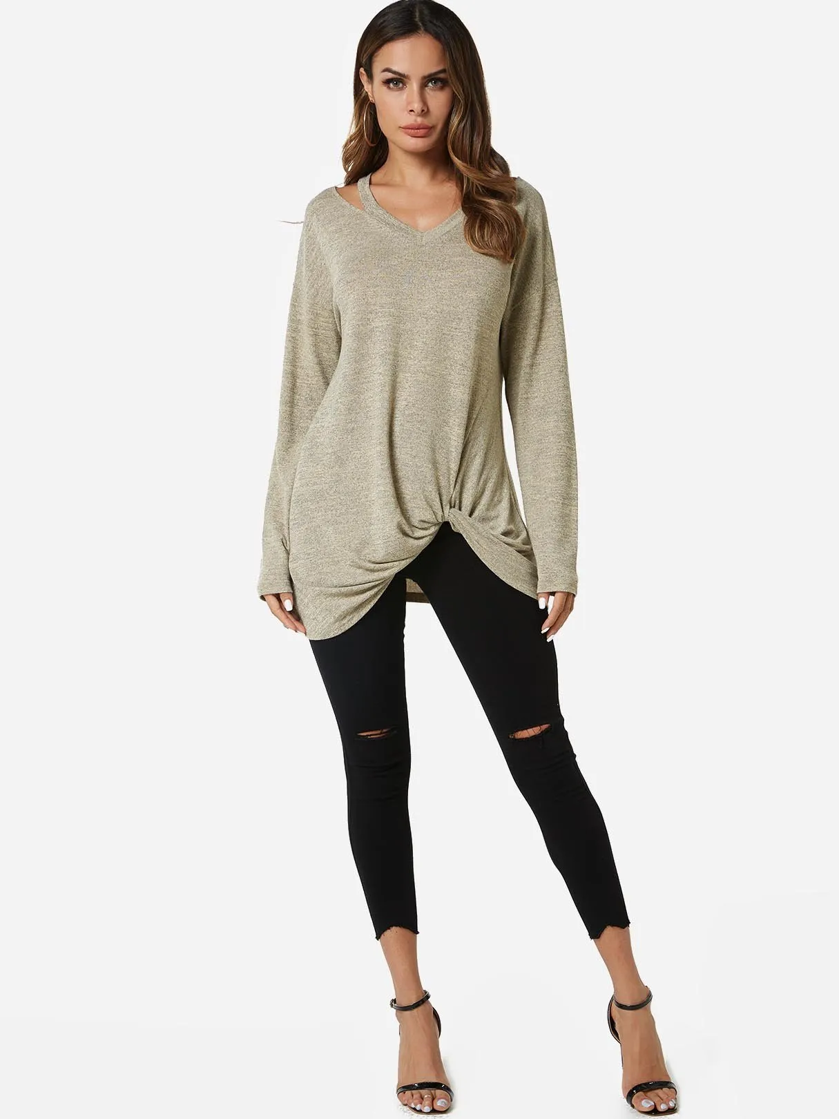 Custom V-Neck Cut Out Long Sleeve Irregular Hem Apricot T-Shirts
