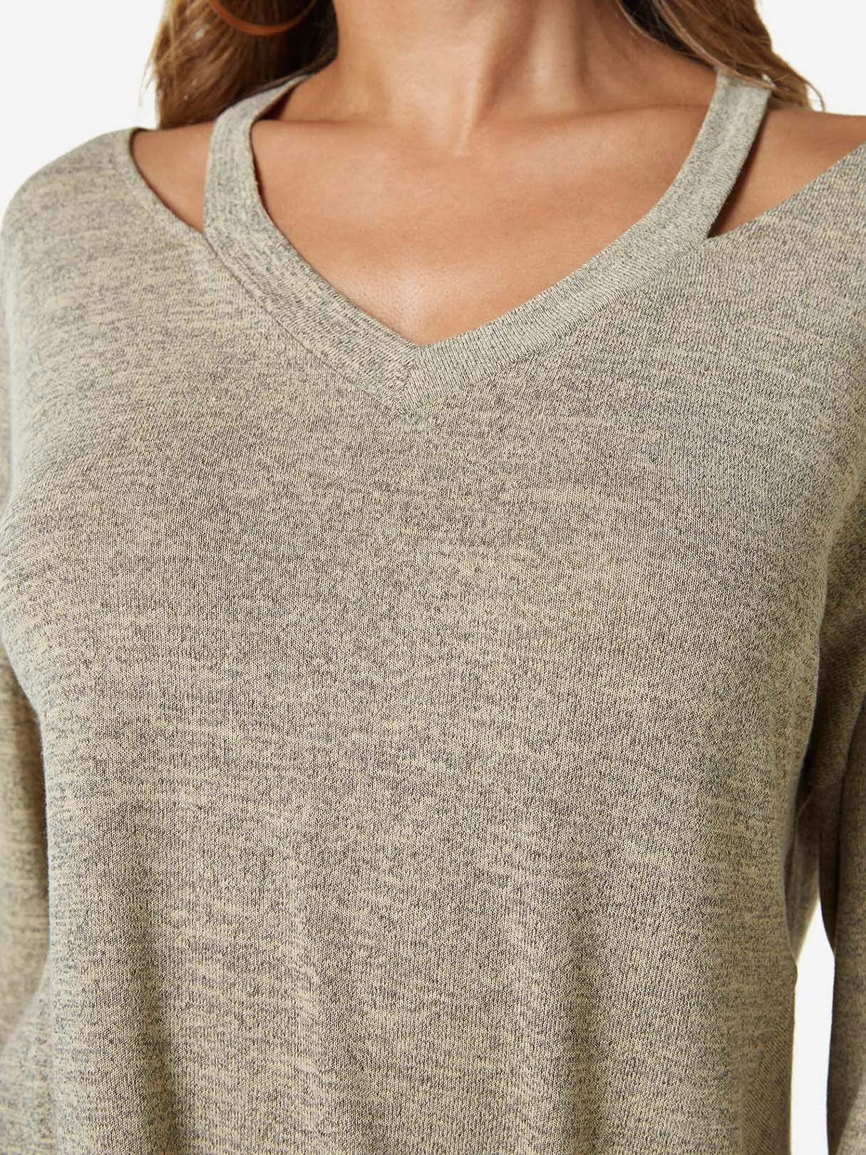 Custom V-Neck Cut Out Long Sleeve Irregular Hem Apricot T-Shirts