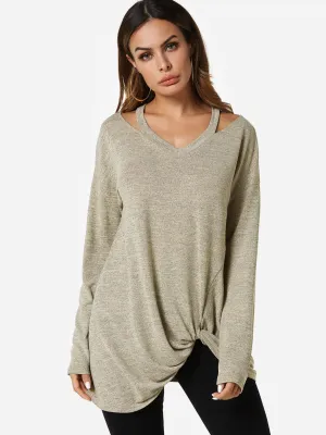 Custom V-Neck Cut Out Long Sleeve Irregular Hem Apricot T-Shirts