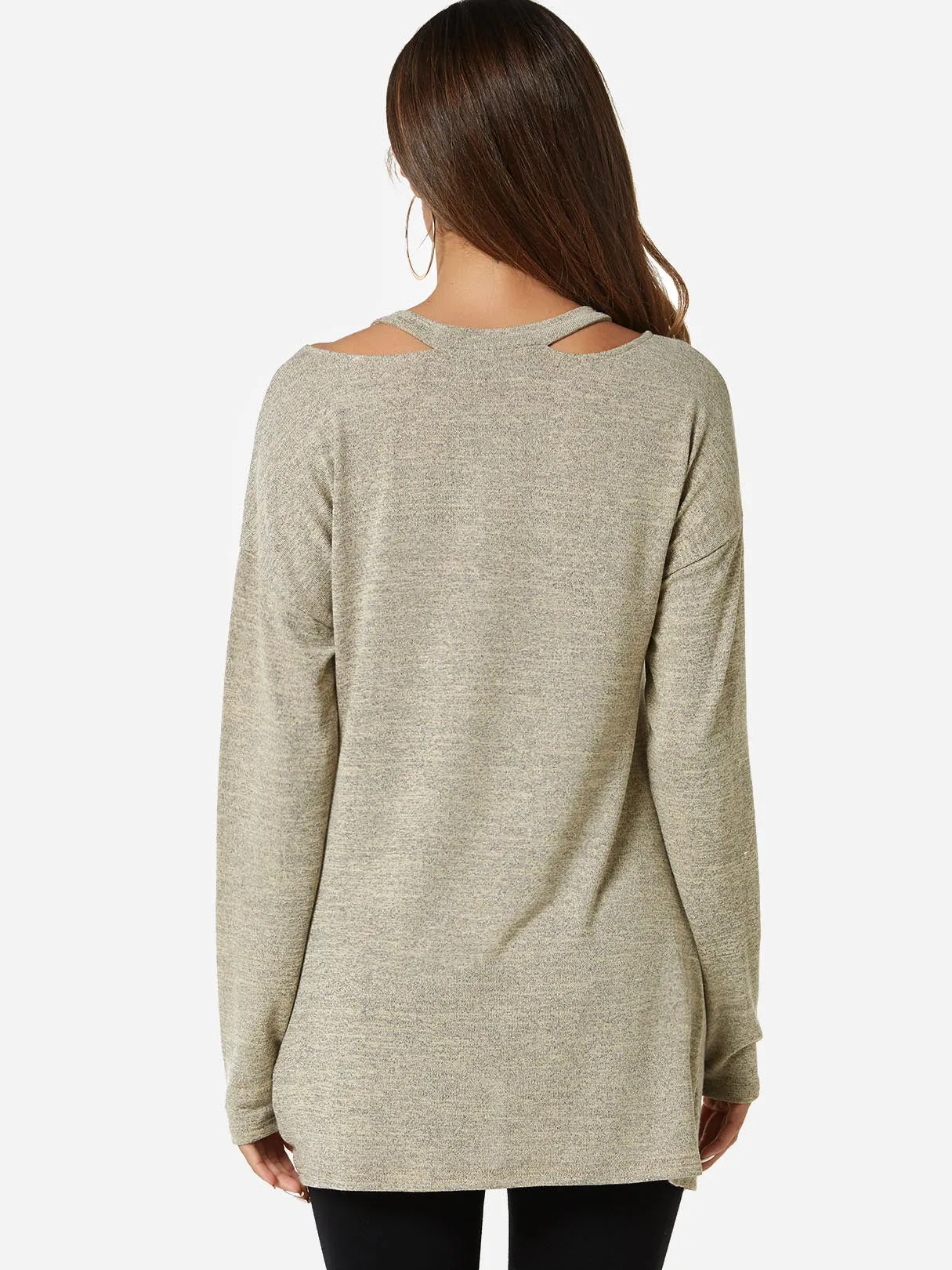 Custom V-Neck Cut Out Long Sleeve Irregular Hem Apricot T-Shirts