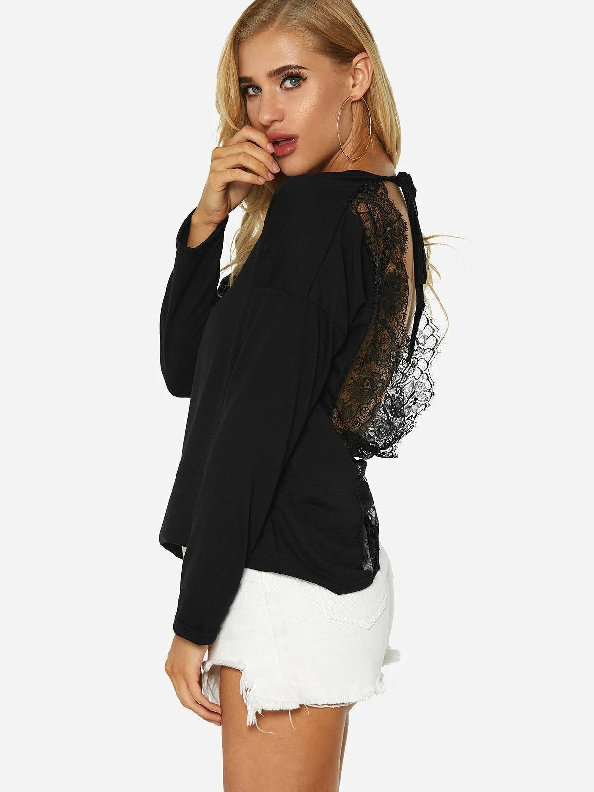 Custom V-Neck Lace Backless Long Sleeve Black T-Shirts