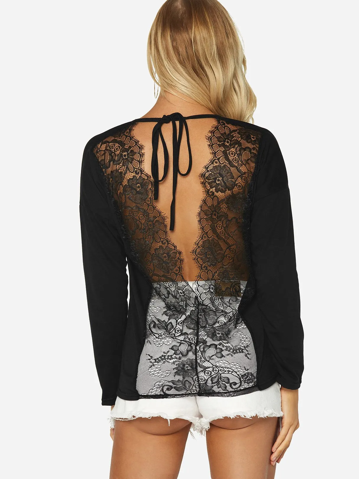 Custom V-Neck Lace Backless Long Sleeve Black T-Shirts