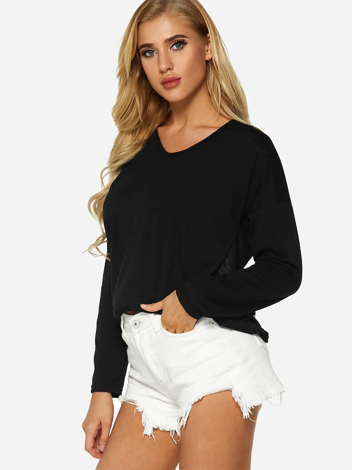 Custom V-Neck Lace Backless Long Sleeve Black T-Shirts