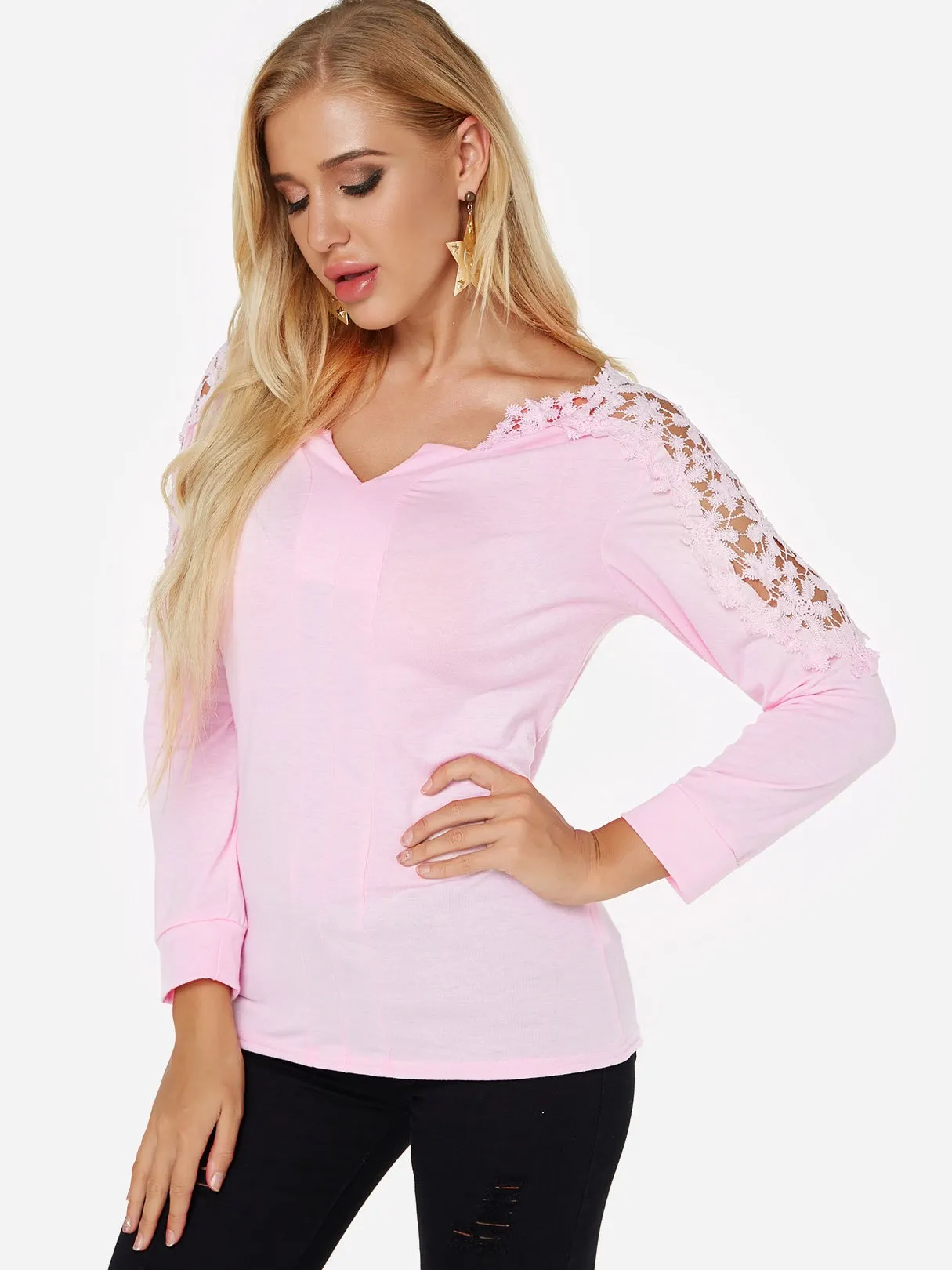 Custom V-Neck Plain Lace Cut Out Long Sleeve T-Shirts