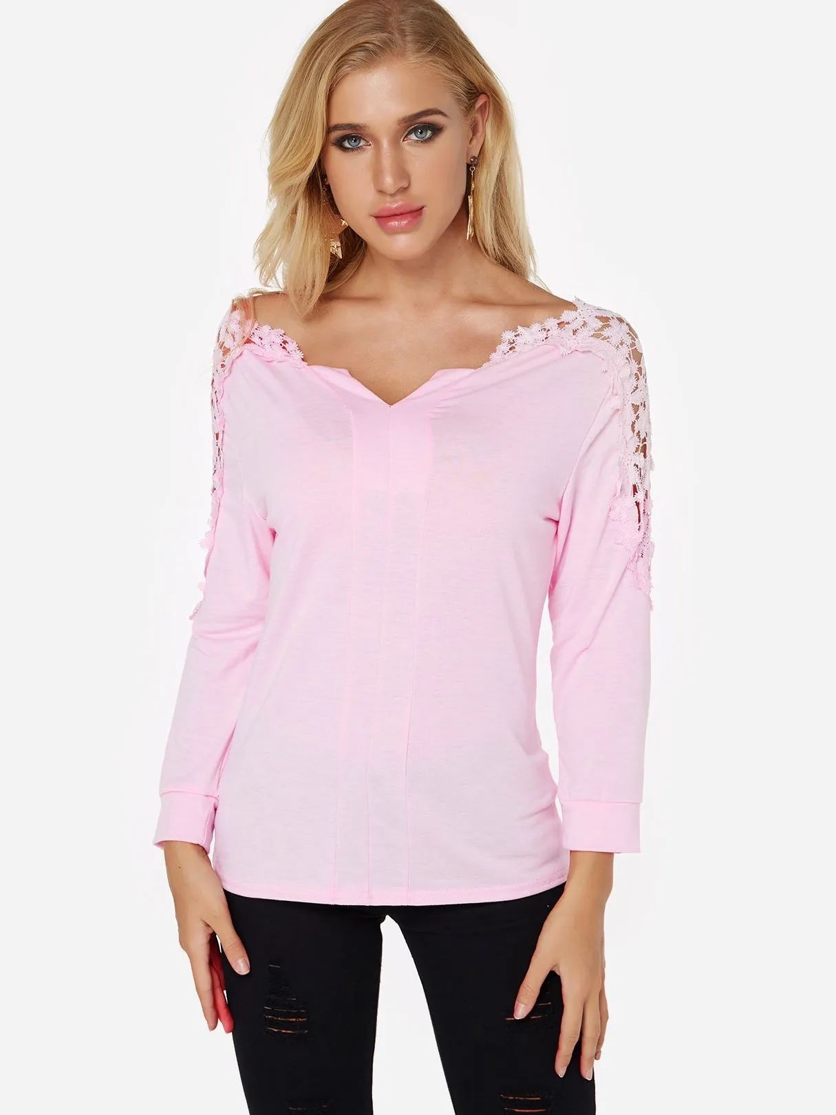 Custom V-Neck Plain Lace Cut Out Long Sleeve T-Shirts