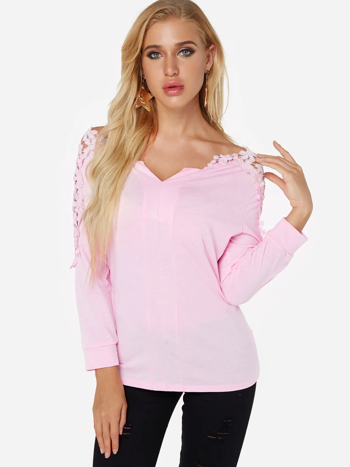 Custom V-Neck Plain Lace Cut Out Long Sleeve T-Shirts