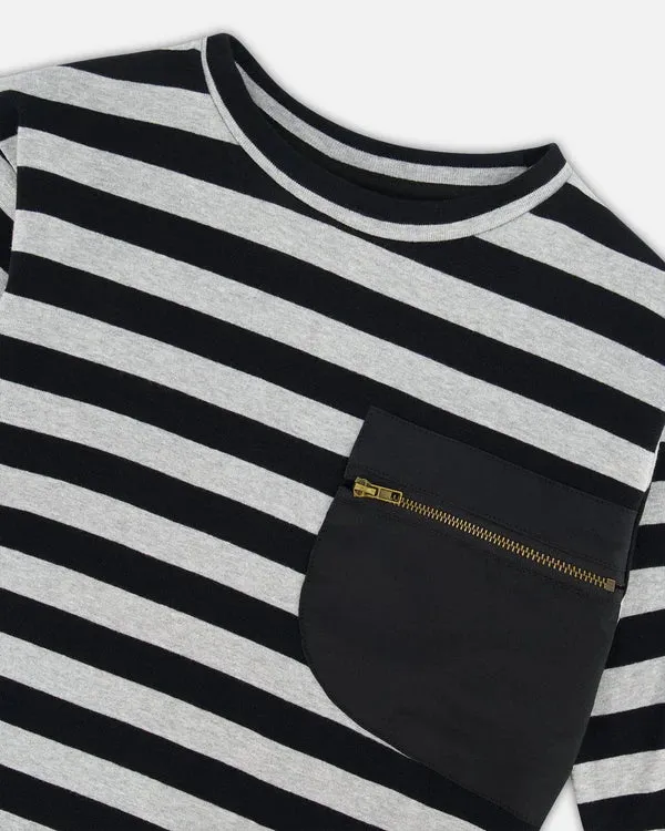 Deux Par Deux Striped Rib Tee - Black and Gray