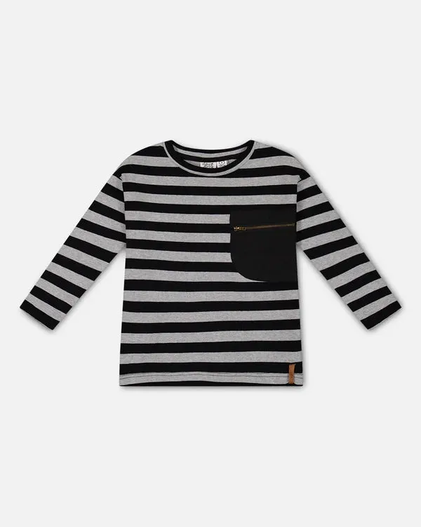 Deux Par Deux Striped Rib Tee - Black and Gray
