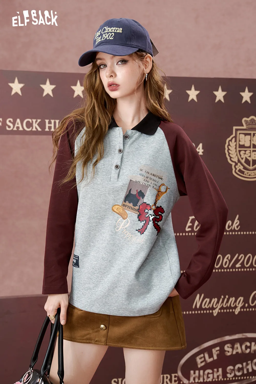 ELFSACK 2024 Autumn New Arrivals Lapel contrast color print long sleeve T-shirt for women, loose top