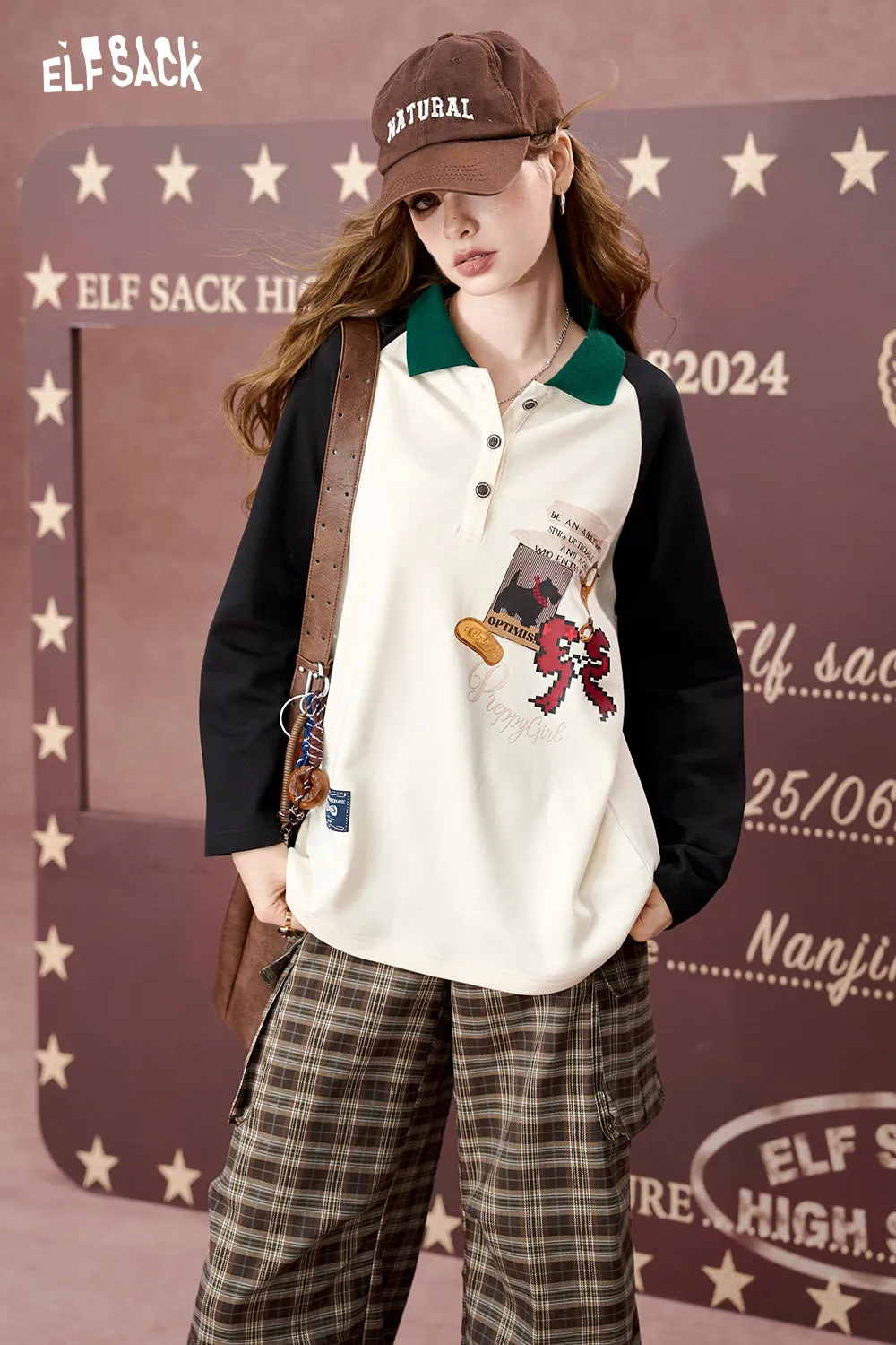 ELFSACK 2024 Autumn New Arrivals Lapel contrast color print long sleeve T-shirt for women, loose top