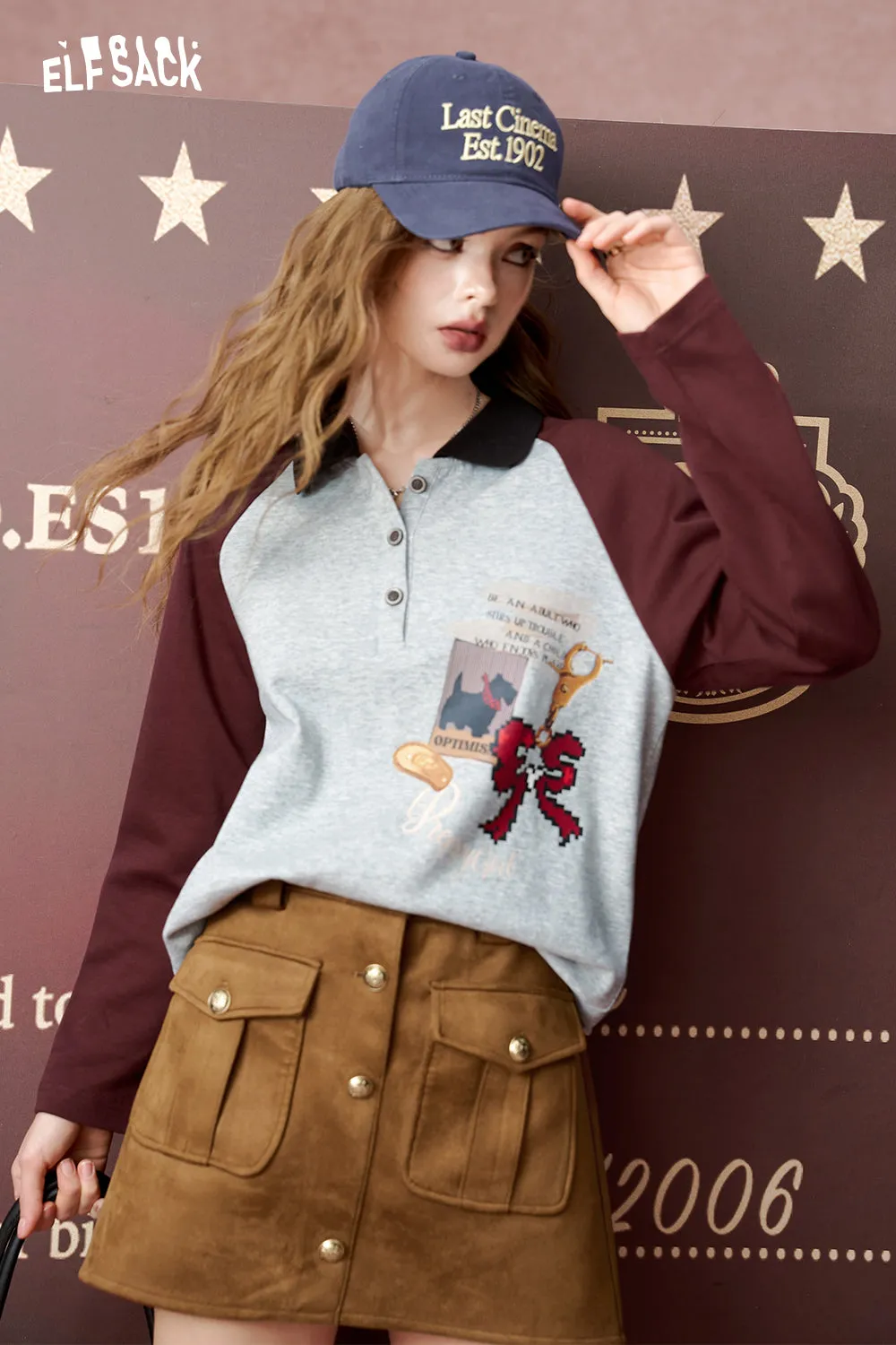 ELFSACK 2024 Autumn New Arrivals Lapel contrast color print long sleeve T-shirt for women, loose top