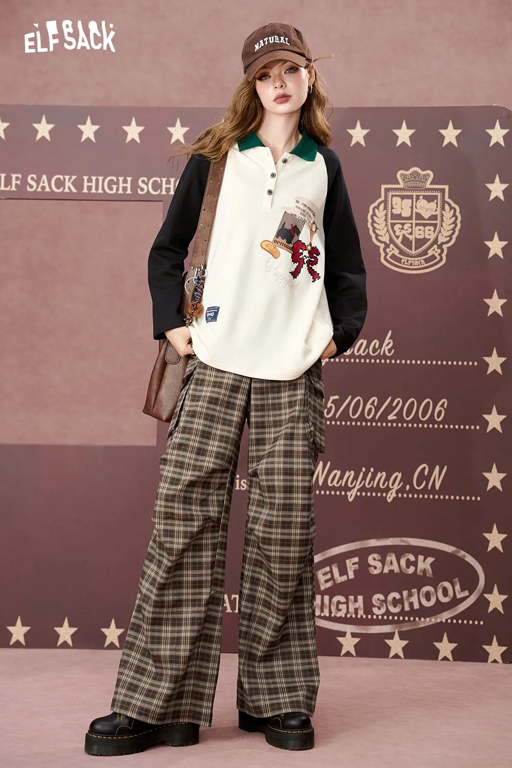 ELFSACK 2024 Autumn New Arrivals Lapel contrast color print long sleeve T-shirt for women, loose top