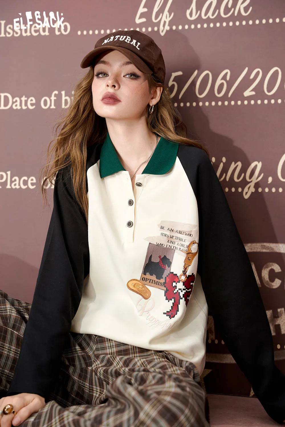 ELFSACK 2024 Autumn New Arrivals Lapel contrast color print long sleeve T-shirt for women, loose top