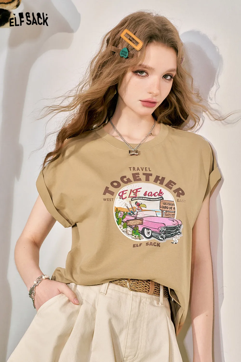 ELFSACK 2024 Summer New Pink Loose Short sleeved T-shirt Women's Cuff Lace Design Slimming Top