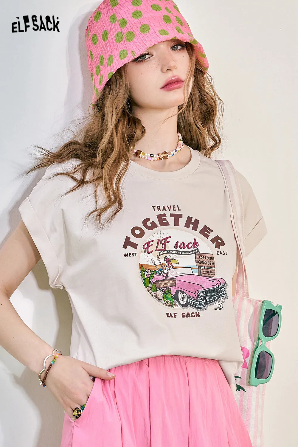 ELFSACK 2024 Summer New Pink Loose Short sleeved T-shirt Women's Cuff Lace Design Slimming Top