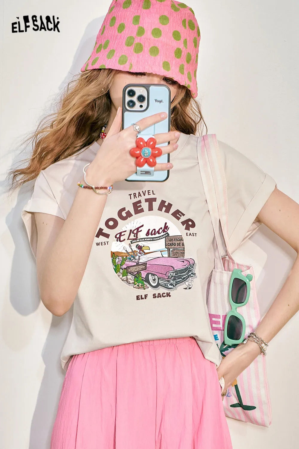 ELFSACK 2024 Summer New Pink Loose Short sleeved T-shirt Women's Cuff Lace Design Slimming Top