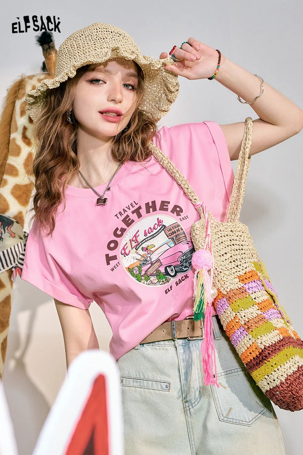 ELFSACK 2024 Summer New Pink Loose Short sleeved T-shirt Women's Cuff Lace Design Slimming Top