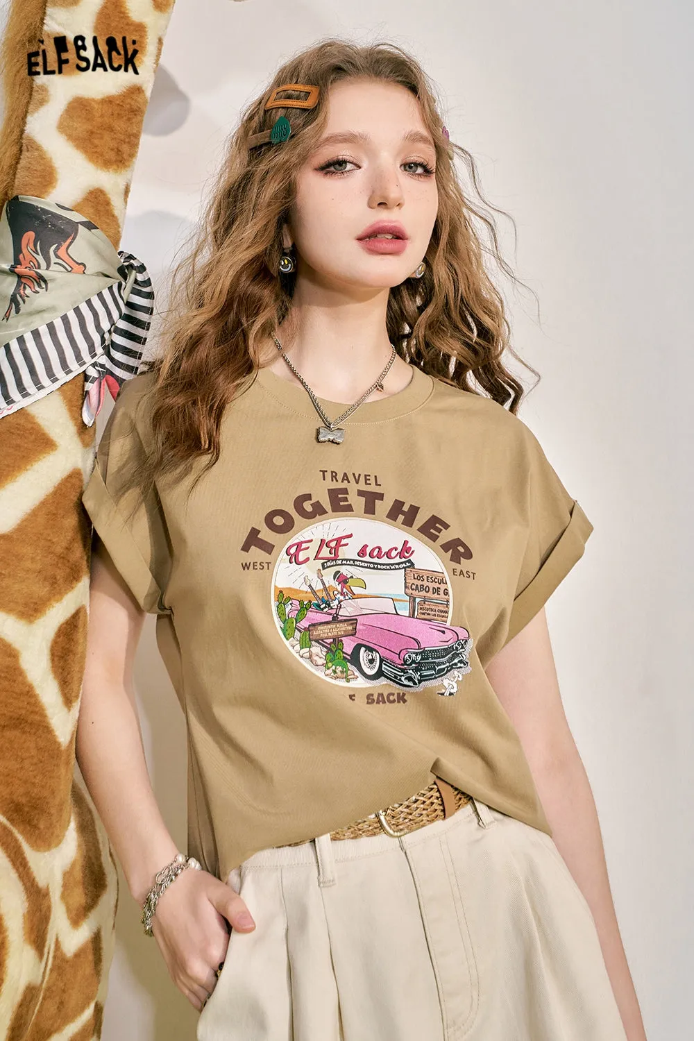 ELFSACK 2024 Summer New Pink Loose Short sleeved T-shirt Women's Cuff Lace Design Slimming Top