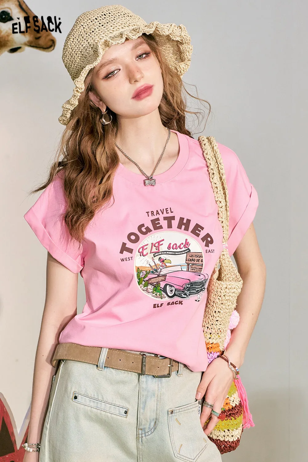 ELFSACK 2024 Summer New Pink Loose Short sleeved T-shirt Women's Cuff Lace Design Slimming Top