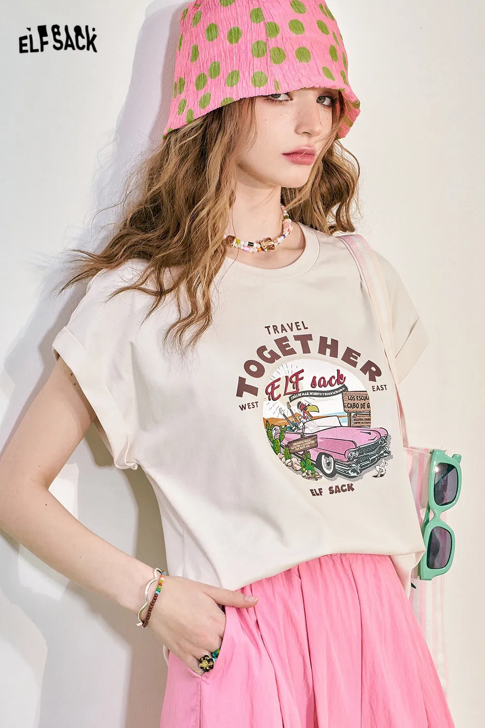 ELFSACK 2024 Summer New Pink Loose Short sleeved T-shirt Women's Cuff Lace Design Slimming Top
