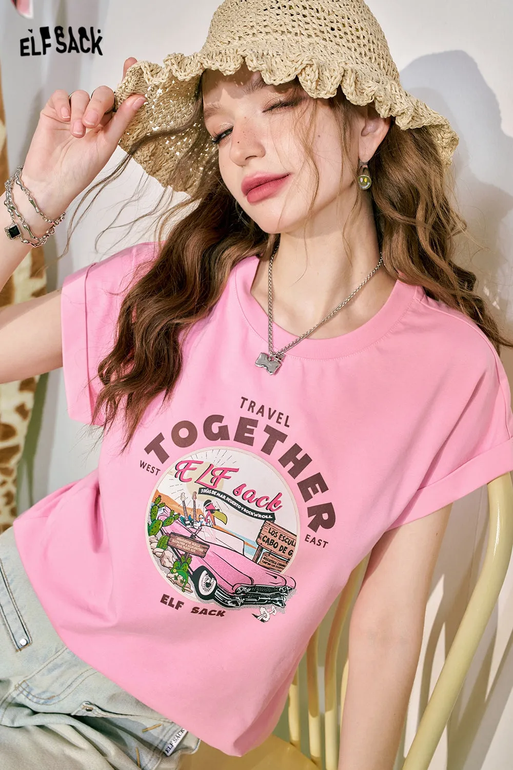 ELFSACK 2024 Summer New Pink Loose Short sleeved T-shirt Women's Cuff Lace Design Slimming Top