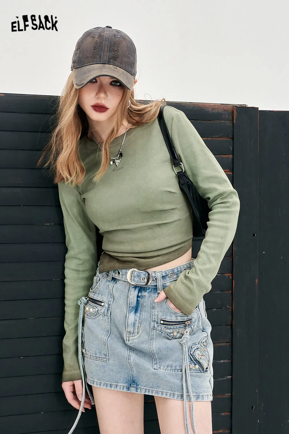 ELFSACK irregular slim long sleeve casual style t-shirt for women 2024 fit in spring new fashion designation Y2K style hot girl undershirt