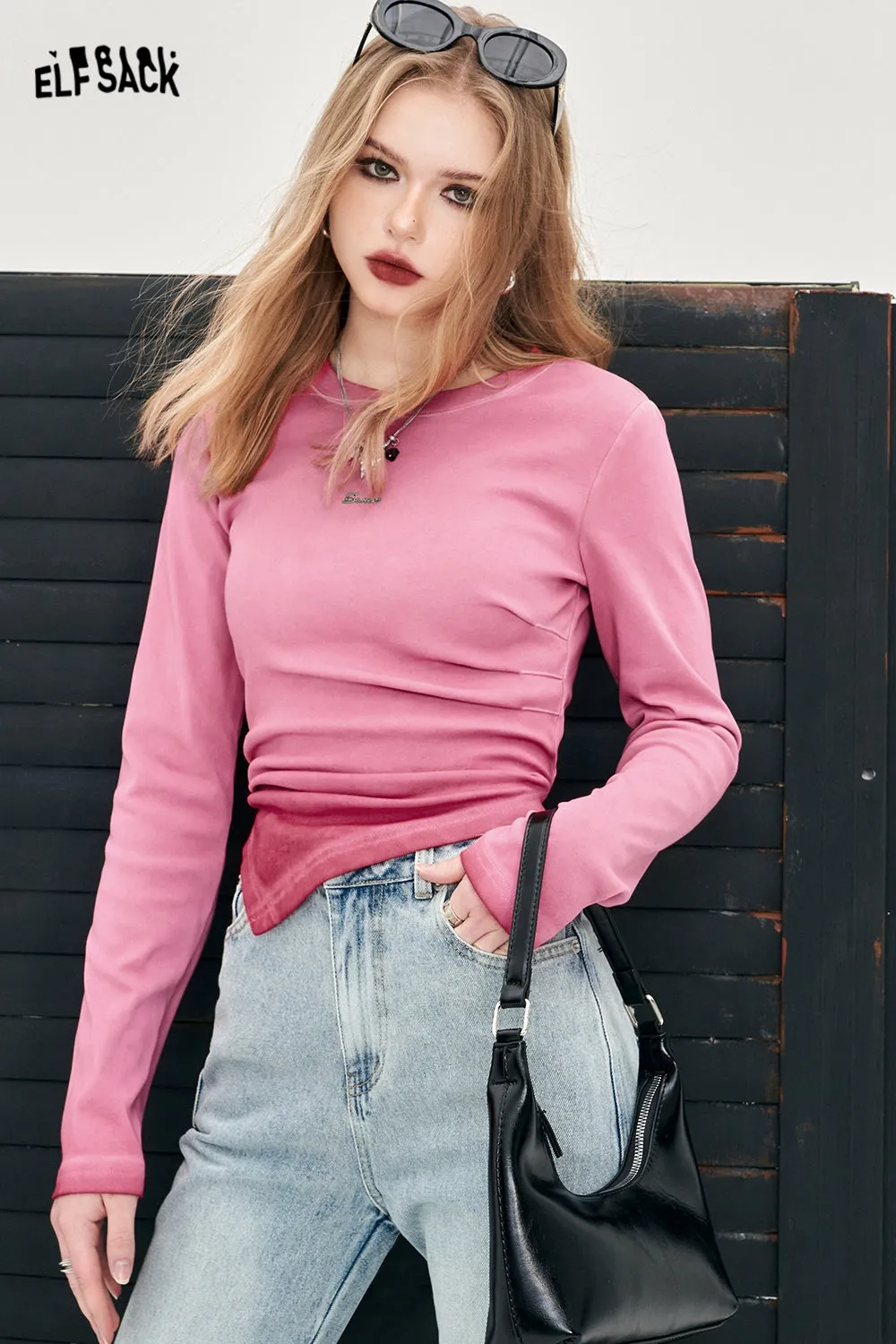 ELFSACK irregular slim long sleeve casual style t-shirt for women 2024 fit in spring new fashion designation Y2K style hot girl undershirt