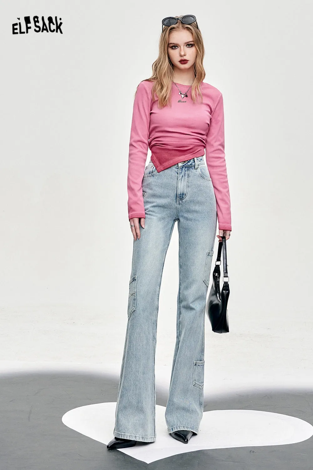 ELFSACK irregular slim long sleeve casual style t-shirt for women 2024 fit in spring new fashion designation Y2K style hot girl undershirt