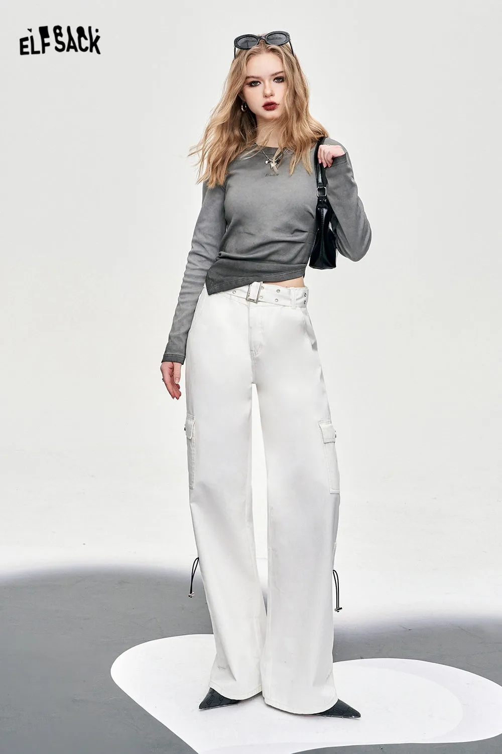 ELFSACK irregular slim long sleeve casual style t-shirt for women 2024 fit in spring new fashion designation Y2K style hot girl undershirt