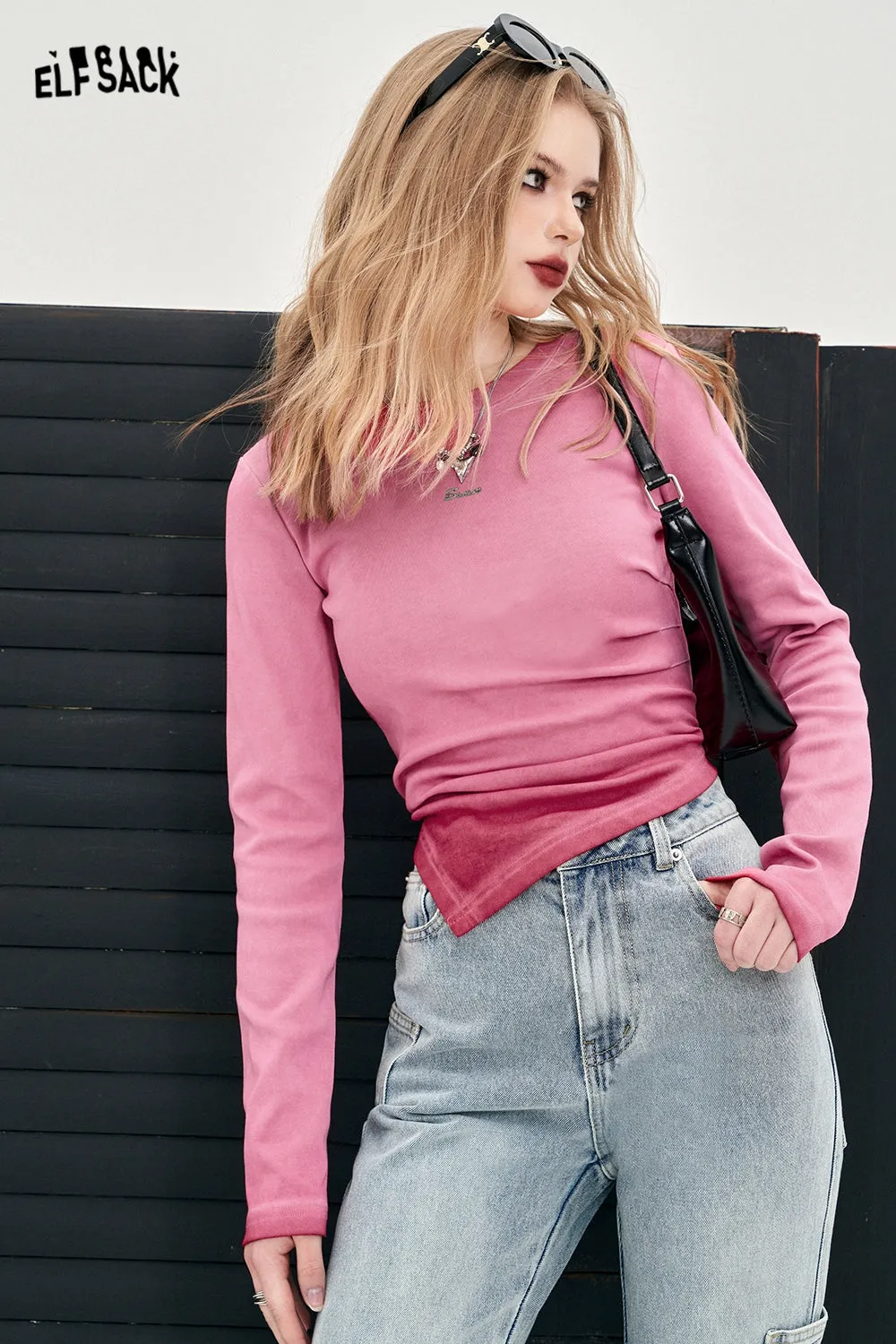ELFSACK irregular slim long sleeve casual style t-shirt for women 2024 fit in spring new fashion designation Y2K style hot girl undershirt