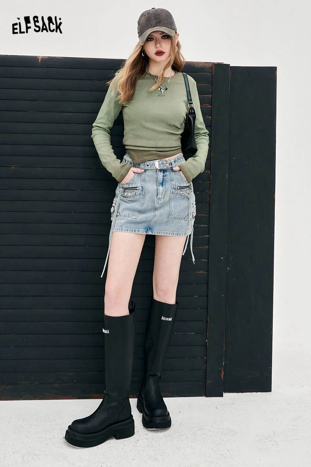 ELFSACK irregular slim long sleeve casual style t-shirt for women 2024 fit in spring new fashion designation Y2K style hot girl undershirt