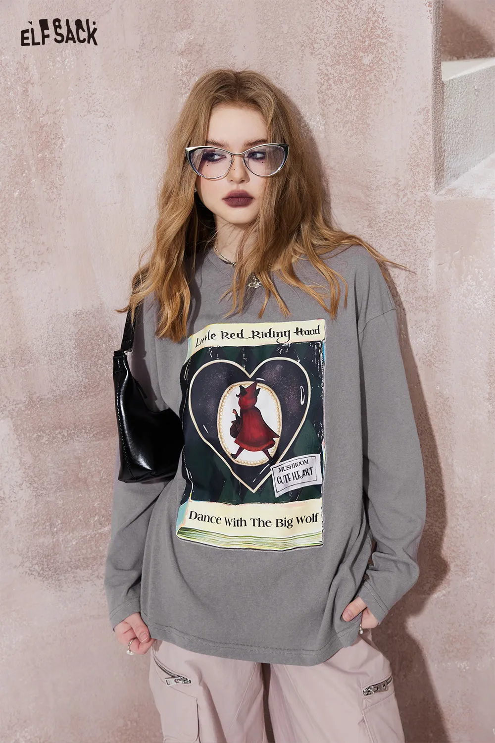 ELFSACK street style crew neck loose printing long sleeve for women 2024 spring new mid long length sweet and playful t-shirt top