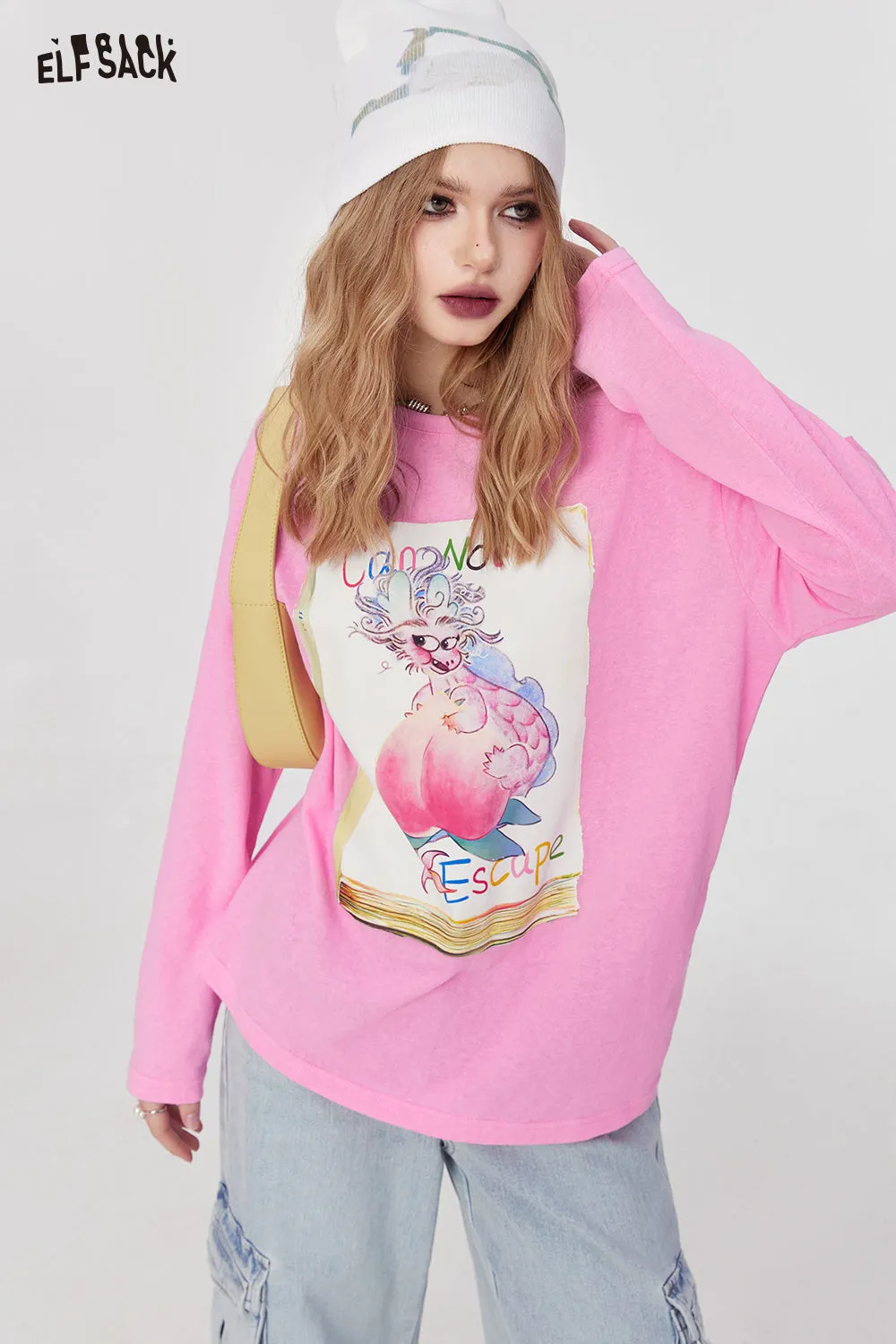 ELFSACK street style crew neck loose printing long sleeve for women 2024 spring new mid long length sweet and playful t-shirt top
