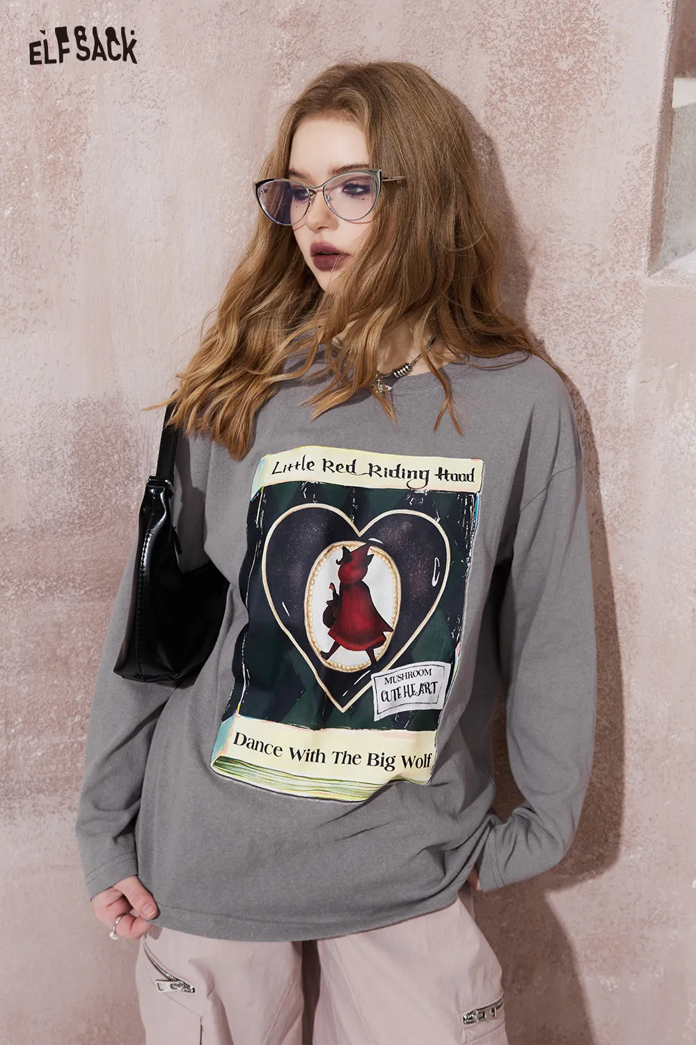 ELFSACK street style crew neck loose printing long sleeve for women 2024 spring new mid long length sweet and playful t-shirt top