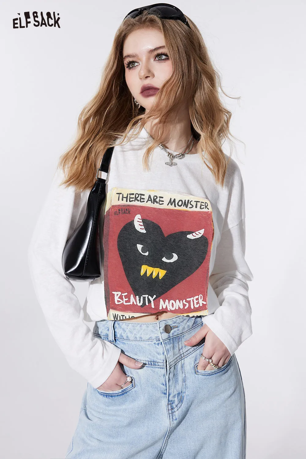 ELFSACK street style crew neck loose printing long sleeve for women 2024 spring new mid long length sweet and playful t-shirt top