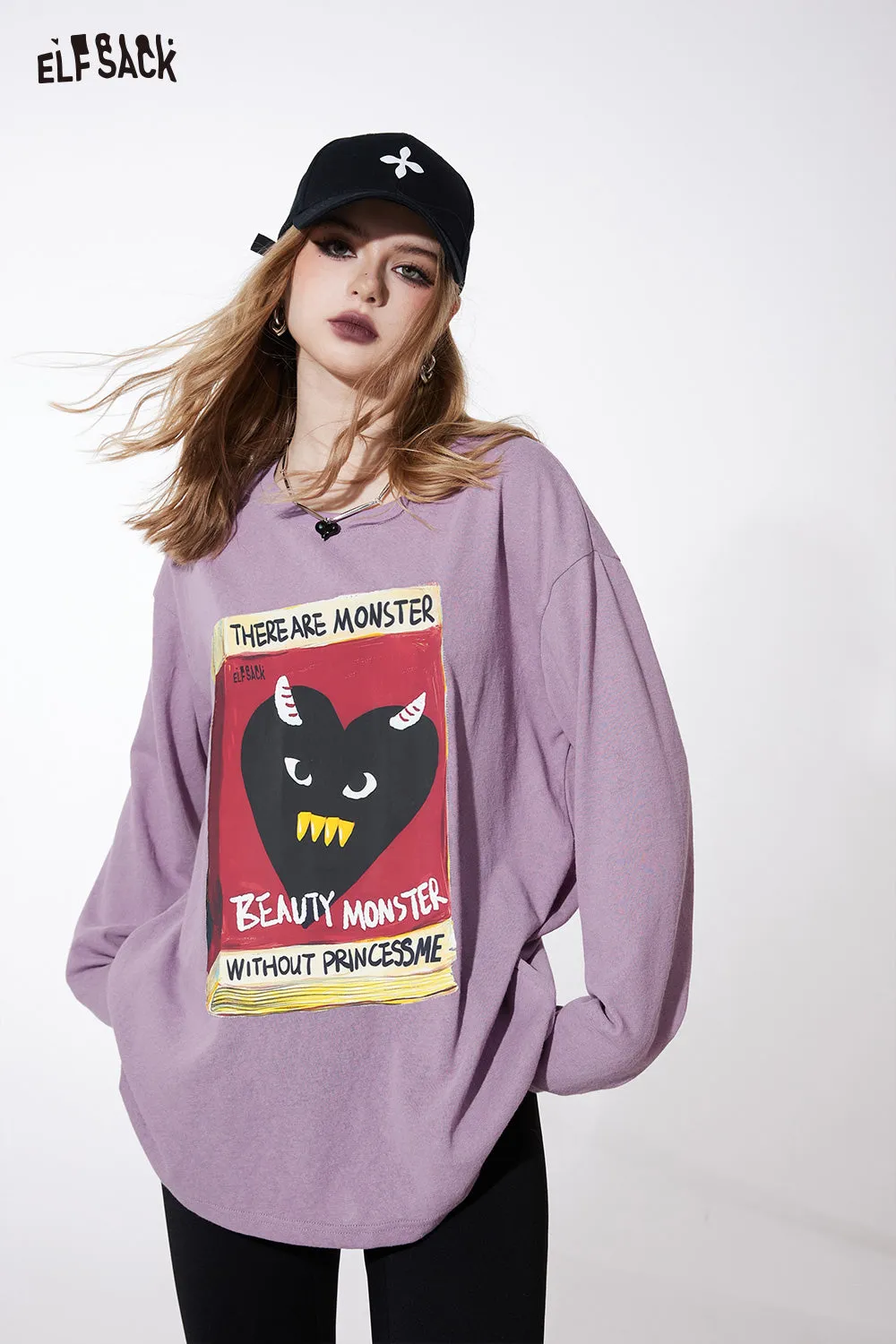 ELFSACK street style crew neck loose printing long sleeve for women 2024 spring new mid long length sweet and playful t-shirt top