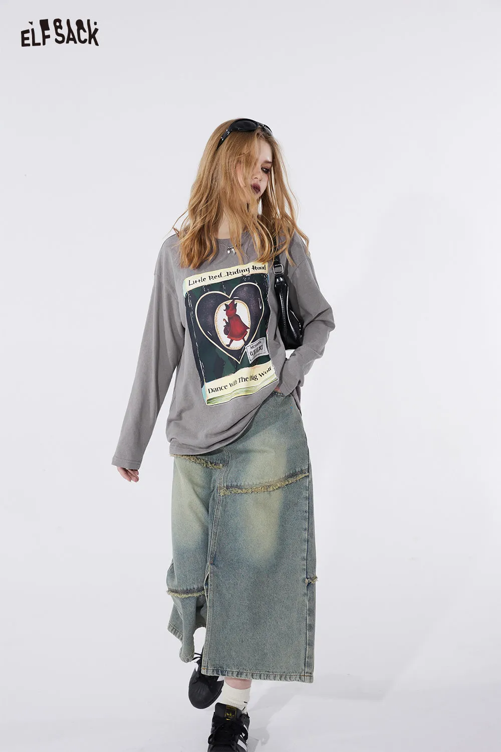 ELFSACK street style crew neck loose printing long sleeve for women 2024 spring new mid long length sweet and playful t-shirt top