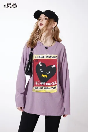 ELFSACK street style crew neck loose printing long sleeve for women 2024 spring new mid long length sweet and playful t-shirt top