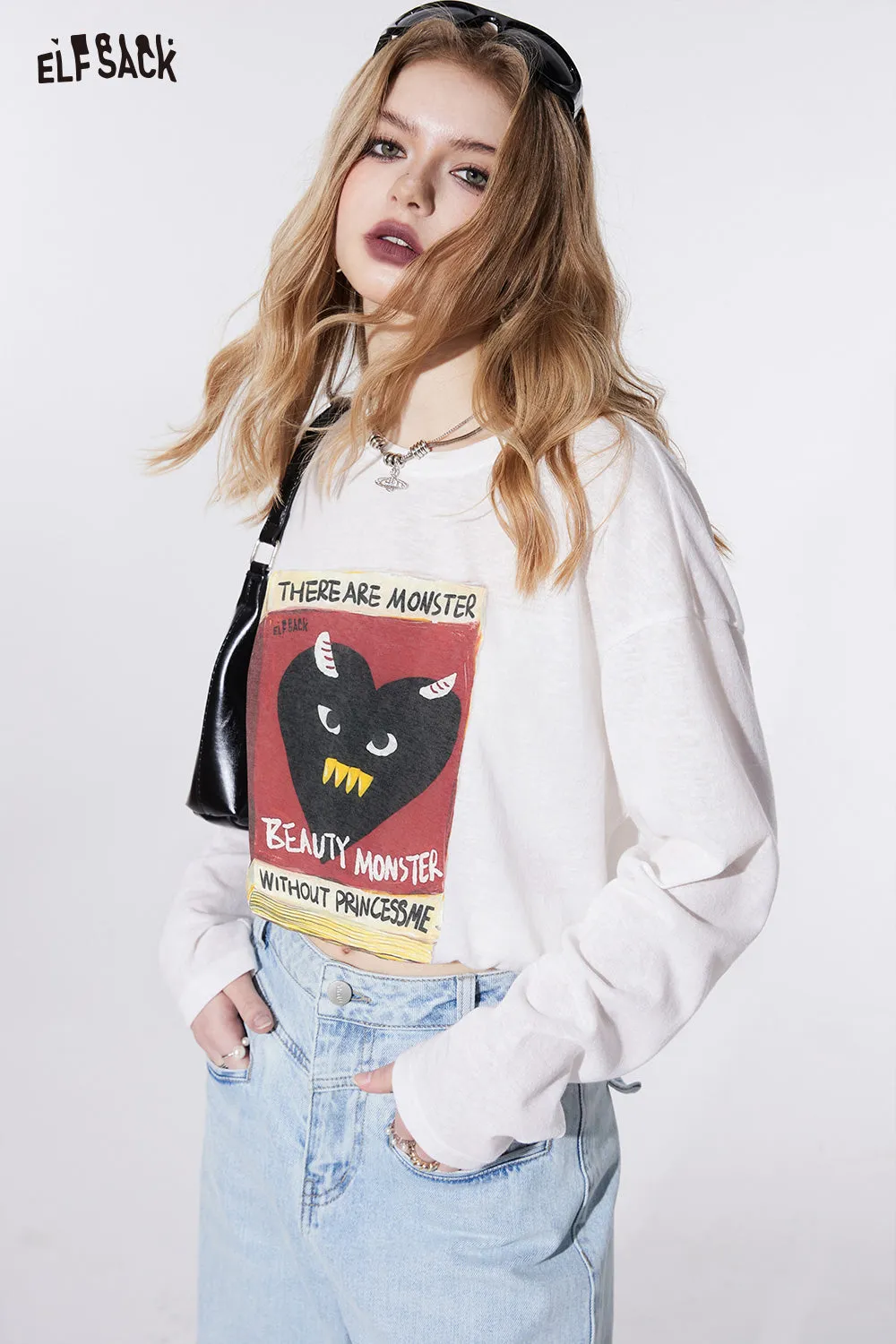 ELFSACK street style crew neck loose printing long sleeve for women 2024 spring new mid long length sweet and playful t-shirt top