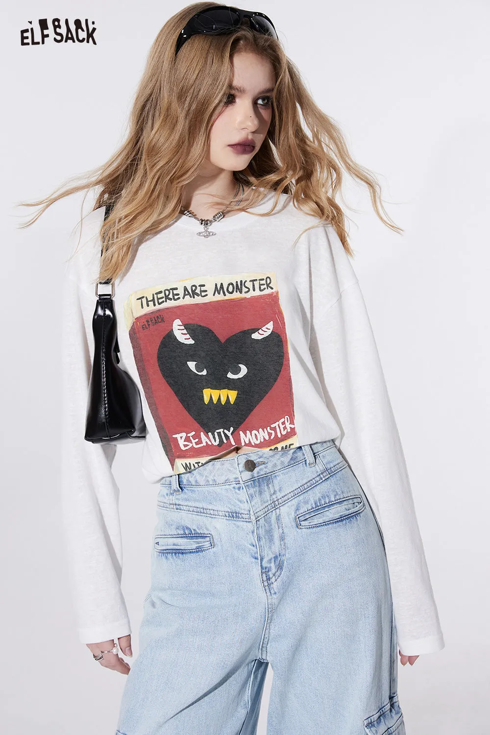 ELFSACK street style crew neck loose printing long sleeve for women 2024 spring new mid long length sweet and playful t-shirt top