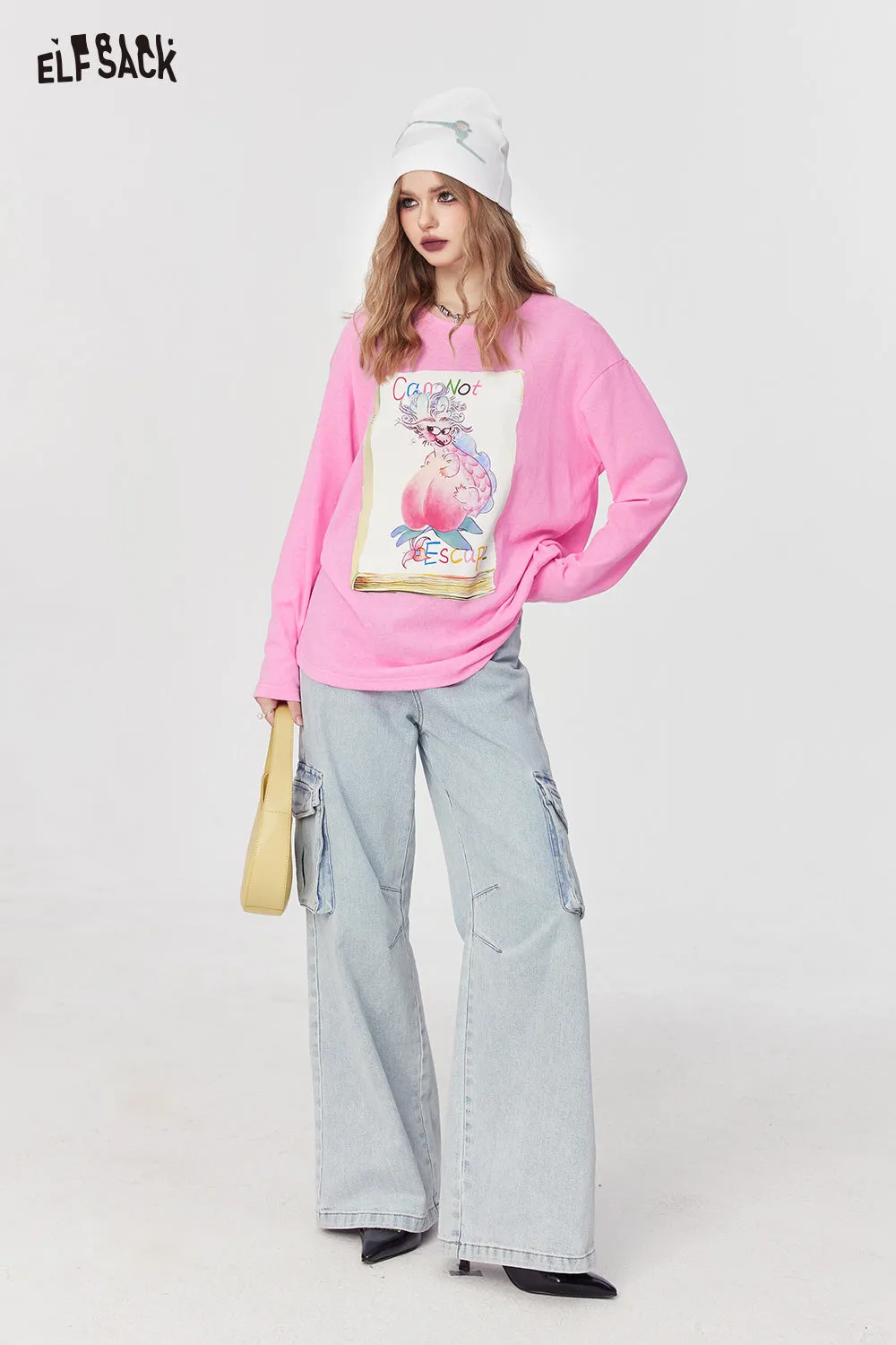 ELFSACK street style crew neck loose printing long sleeve for women 2024 spring new mid long length sweet and playful t-shirt top